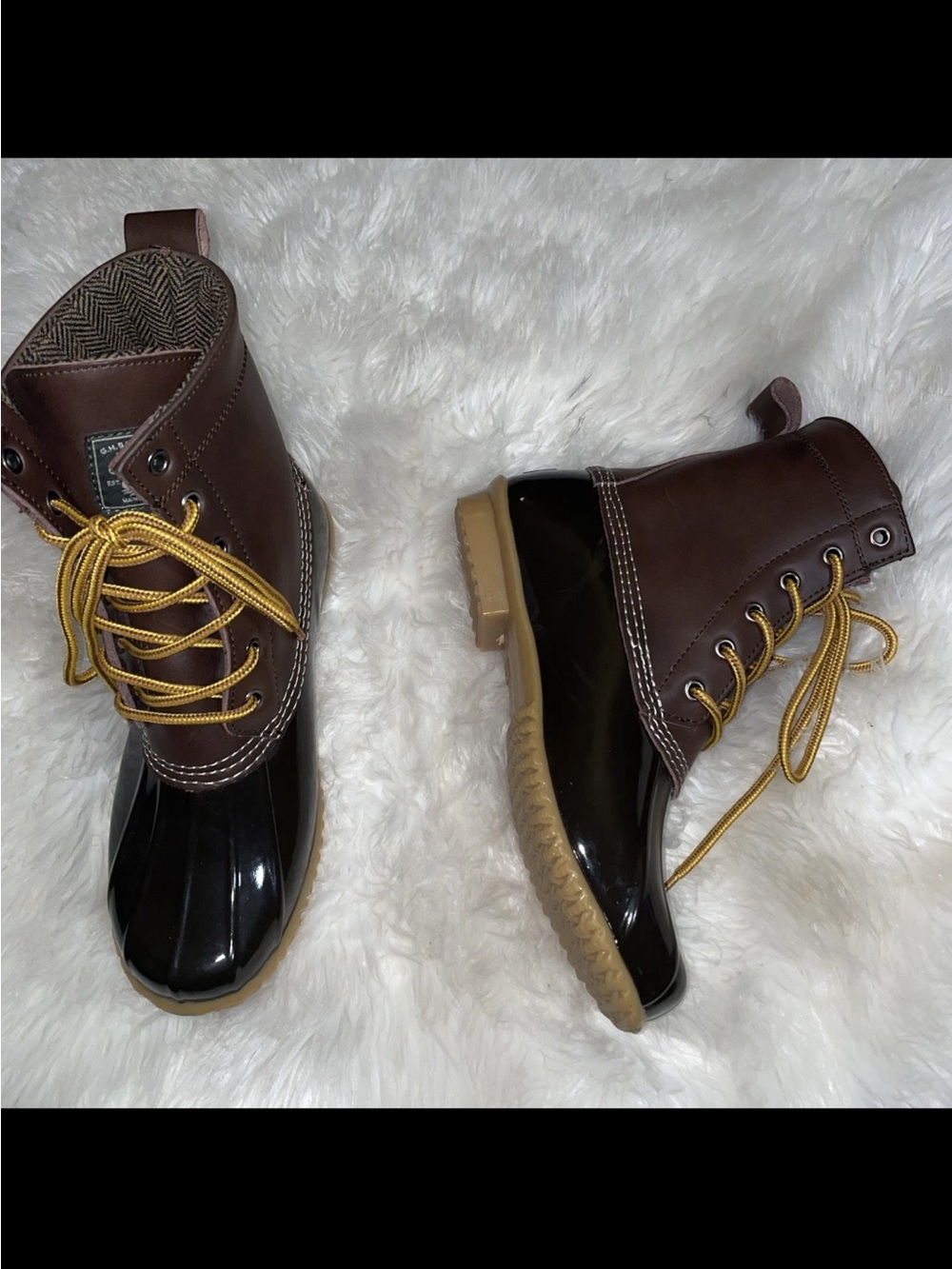 G.H. Bass & Co. Brown and Black Duck Boots with Yellow Laces